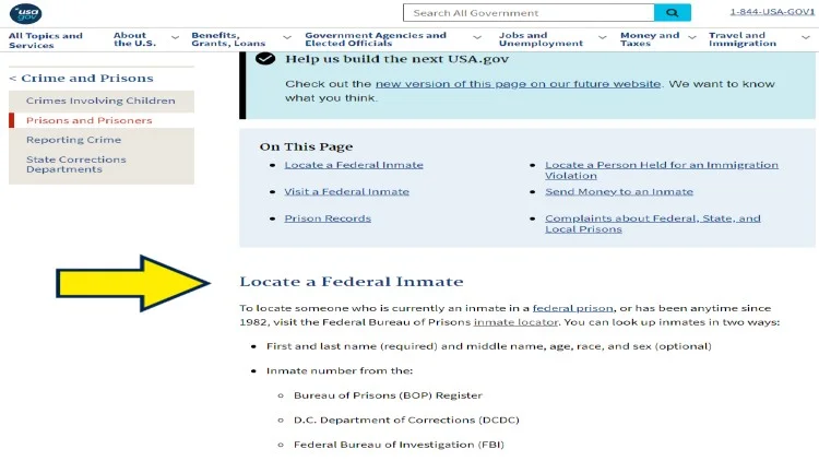 Screenshot of USA Gov website page about Prisons and Prisoners with yellow arrow pointing on how to locate a federal inmate.