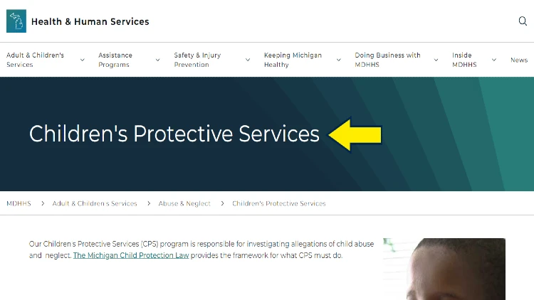 Screenshot of State of Michigan website page for Department of Health & Human Services with yellow arrow on Children's Protective Services.