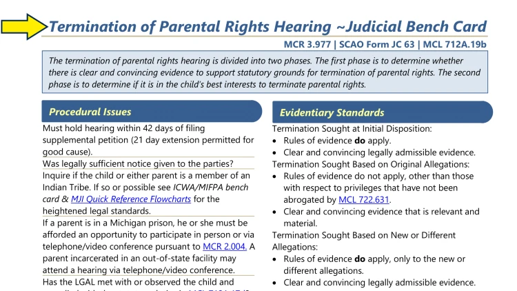Screenshot of Michigan Judiciary website page for CPS process with yellow arrow on judicial bench card during termination of parental rights hearing.