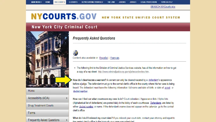 Screenshot of NY Courts website page for New York City Criminal Court with yellow arrow on how to clear a bench warrant.
