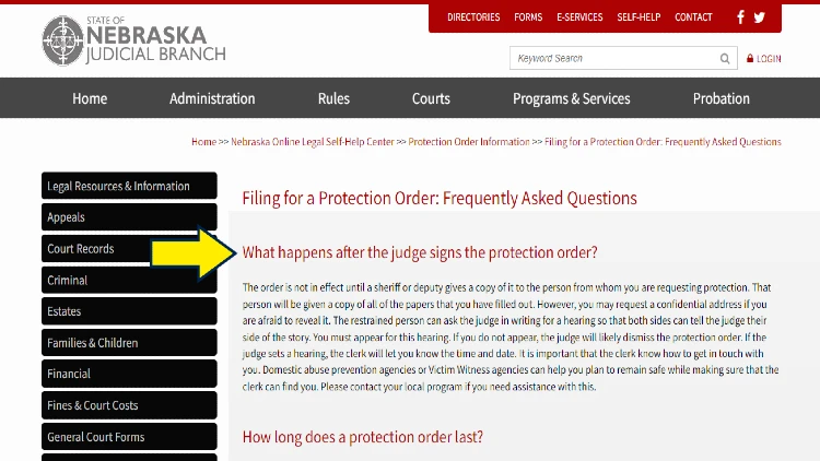 Screenshot of Nebraska Judicial Branch website page for frequently asked questions about filing for a protection order with yellow arrow on what happens after the judge signs the protection order.