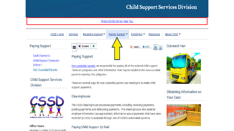 Screenshot of Child Support Services Division website page about paying support with yellow arrow pointing to the link to pay for child support for non-custodial parents.