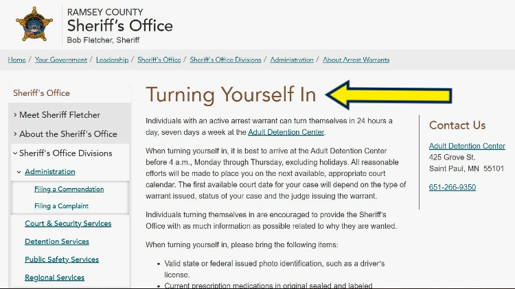 Screenshot of Ramsey County website page for Sheriff's Office with yellow arrow on what when you turn yourself in.