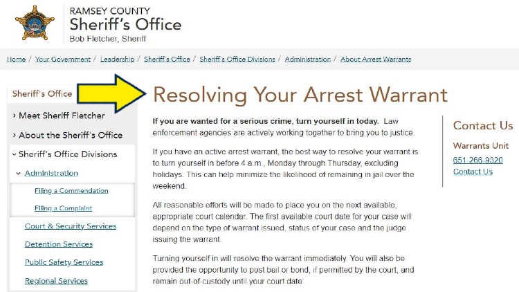 Screenshot of Ramsey County Sheriff's Office website page about arrest warrants with yellow arrow pointing to resolving an arrest warrant.