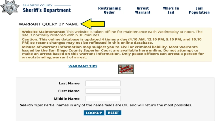Screenshot of San Diego County website page for Sheriff's Department with yellow arrow on warrant query by name.