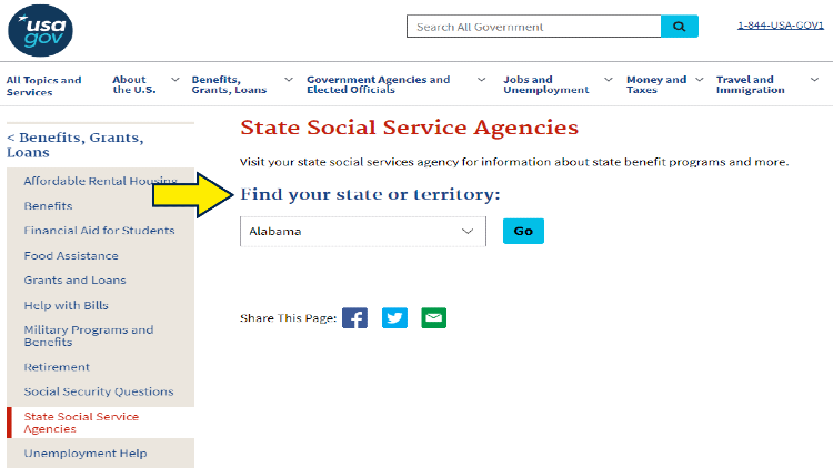Screenshot of State Social Service Agencies website page with yellow arrows pointing on how to find a state or territory.