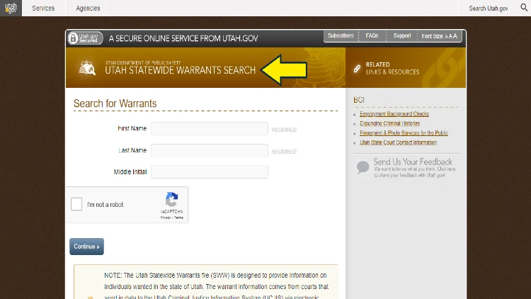 Screenshot of State of Utah website page for warrants with yellow arrow on Utah statewide warrants search.