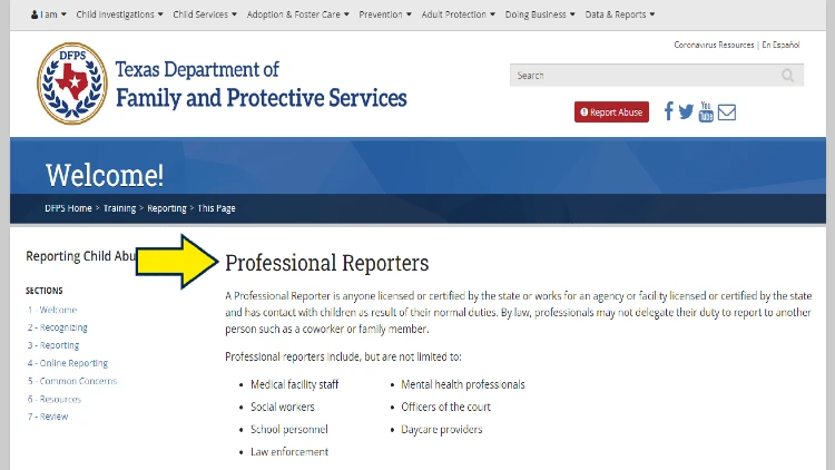Screenshot of Texas Department of Family and Protective Services website page for reporting child abuse with yellow arrow on list of professional reporters of child abuse or neglect. 