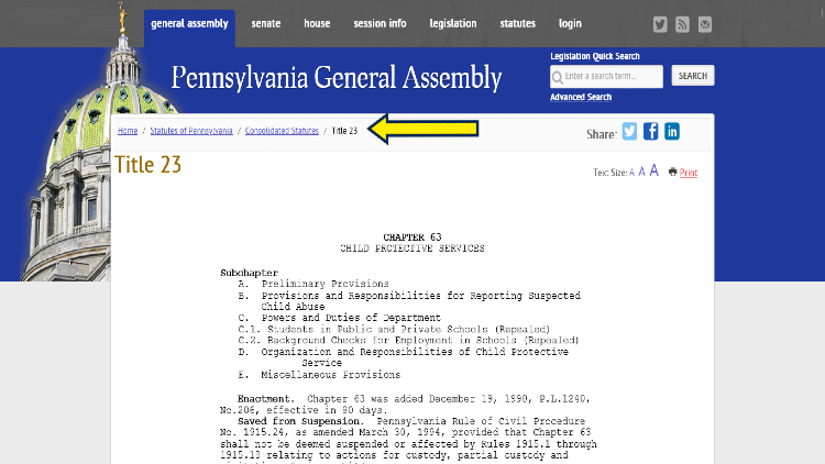 Screenshot of Pennsylvania General Assembly website page about Title 23 with yellow arrow pointing to child protective services.