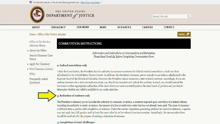 Screenshot of US Department of Justice website page for commutation instructions with yellow arrow on reduction of sentences.