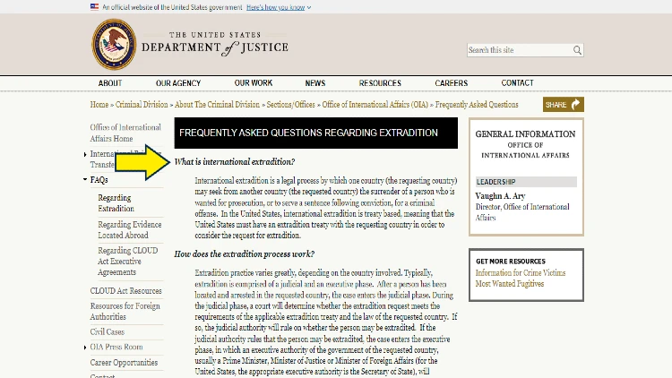 Screenshot of U.S. Department of Justice website page for extradition with yellow on what is an international extradition. 