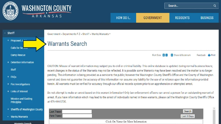Screenshot of Washington County Arkansas website page for Sheriff Department with yellow arrow on warrants search.