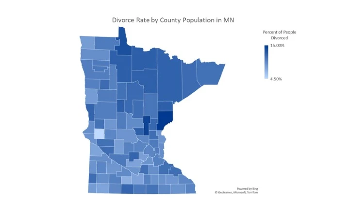 Map that shows the Divorce Rate by County Population in Minnesotta.