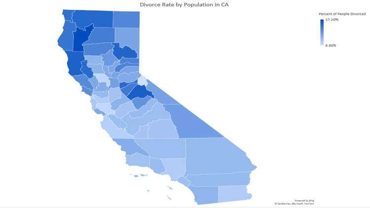 Map that shows the divorce rate by population in California.