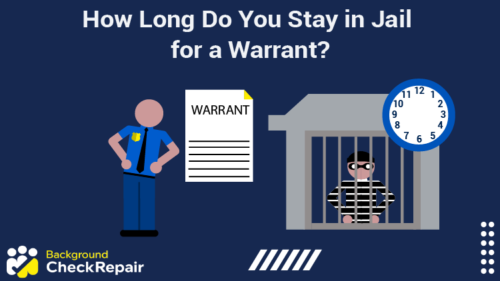 Criminal behind bars wonders how long do you stay in jail for a warrant as a police man looks at a warrant for arrest and figures out the time for each type of warrant and the warrant laws for all 50 states for jail time.