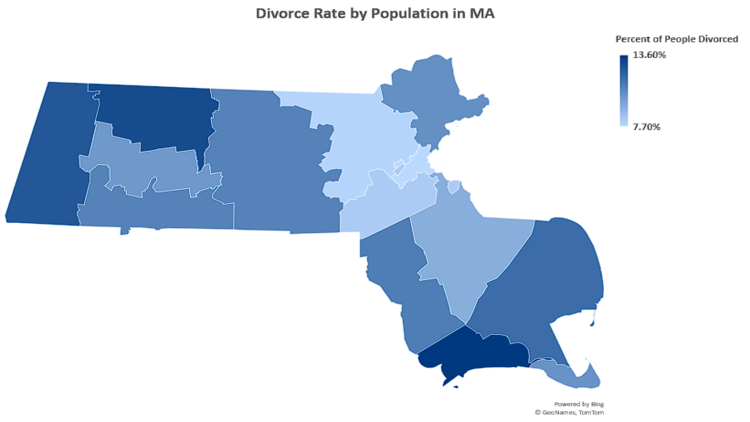 Map that shows the divorce rate by population in Massachusetts.