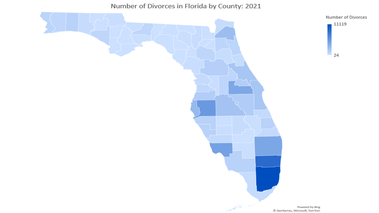 A map that shows the number of divorcees in Florida by County in 2021.