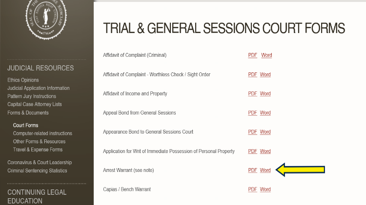 Screenshot of the Tennessee State Courts website page about their different court forms with yellow arrow pointing to the Arrest Warrant form.