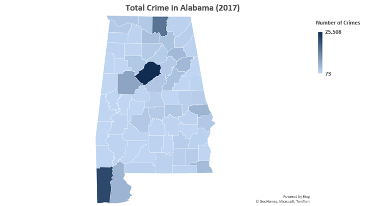 Map that shows the total number of crimes in Alabama for year 2017.
