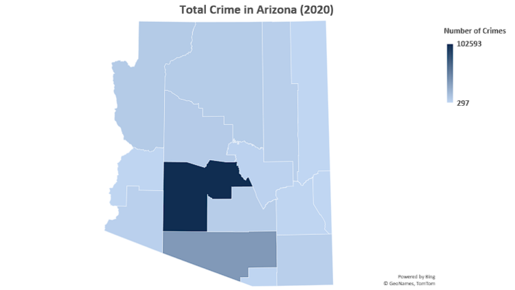 Map that shows the total number of crimes in Arizona for year 2020.