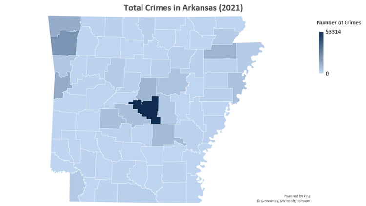 Map that shows the total number of crimes in Arkansas for year 2021.