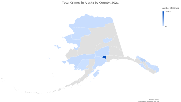 Map that shows the total crimes in Alaska by couty 2021.