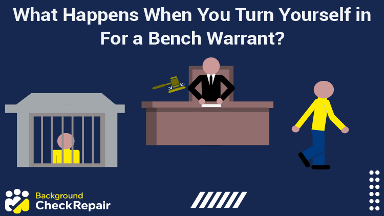 Man behind bars on the left looks at a judge behind a bench and another person walking away and wonders what happens when you turn yourself in for a bench warrant, and if you have a warrant can you just pay it?