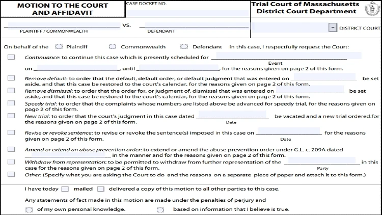 Screenshot of Commonwealth of Massachusetts website for forms showing an online copy of the Motion to the Court and Affidavit form from the Trial Court of Massachusetts which is used in the process of how to plead a case for recall.