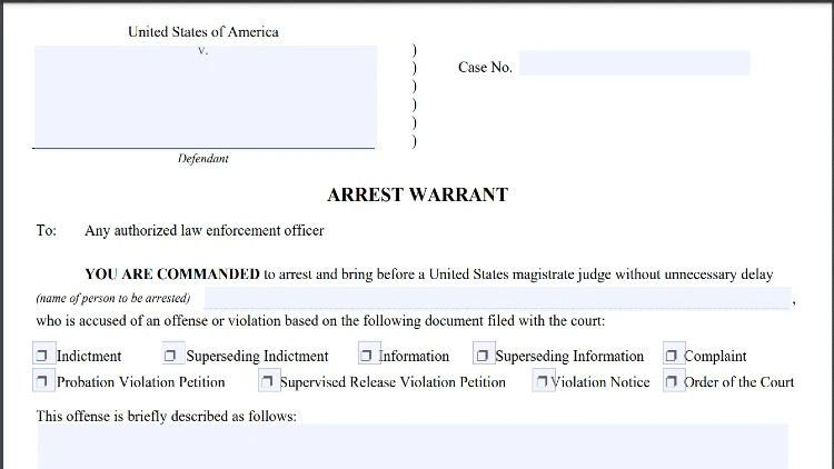 Screenshot of United States Courts website page for forms showing a PDF copy of an arrest warrant.