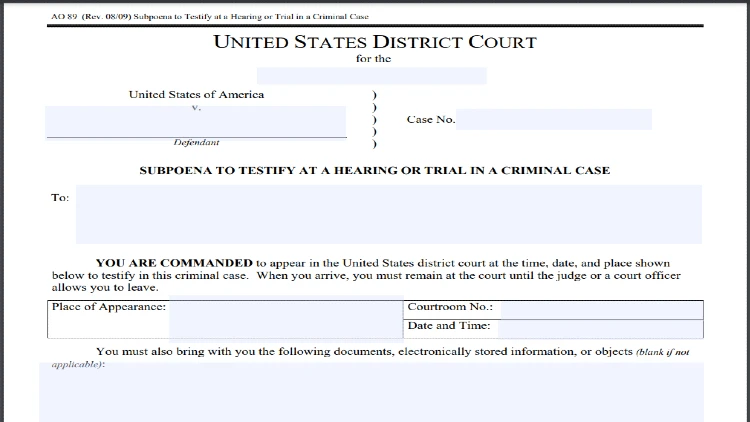 Screenshot of United States Courts website page for forms showing a PDF copy of a Subpoena to testify at a heading or trial in a criminal case.