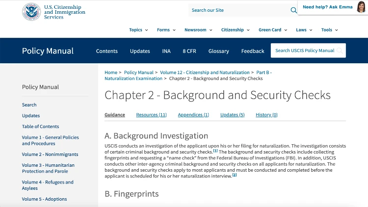 Image screenshot on background and security checks on U.S. Citizenship and Immigration Services website.
