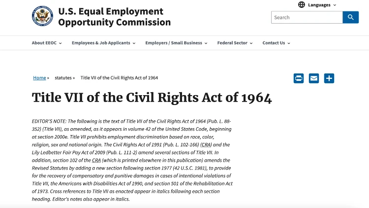 Image screenshot of the Title VII of the Civil Rights Act of 1964