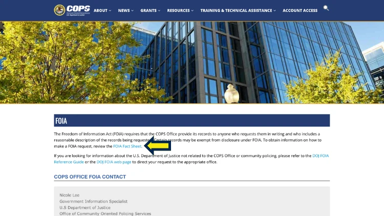 Community oriented policing service website screenshot, with arrow pointing to FOIA information.