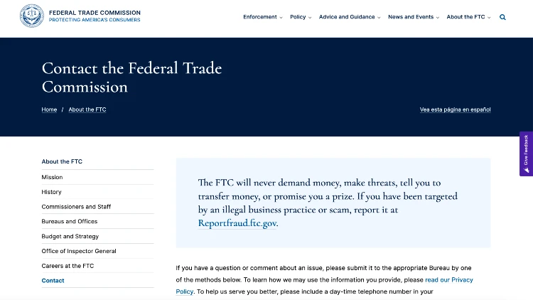 Image screenshot on the contact the federal trade commission portion of the FTC website