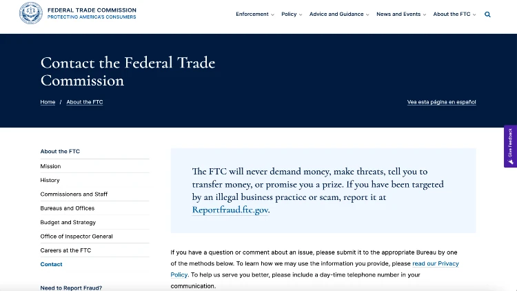 Image screenshot of the contact portion of the federal trade commission website