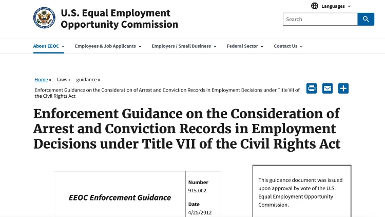Image screenshot on U.S. Equal Employment Opportunity Commission about enforcement guidance on the consideration of arrest and conviction records in employment decisions under Title VII of the Civil Rights Act.