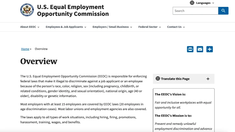 Image screenshot of the U.S. equal employment opportunity commission overview