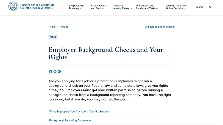 Image screenshot of the article on employer background check and your rights