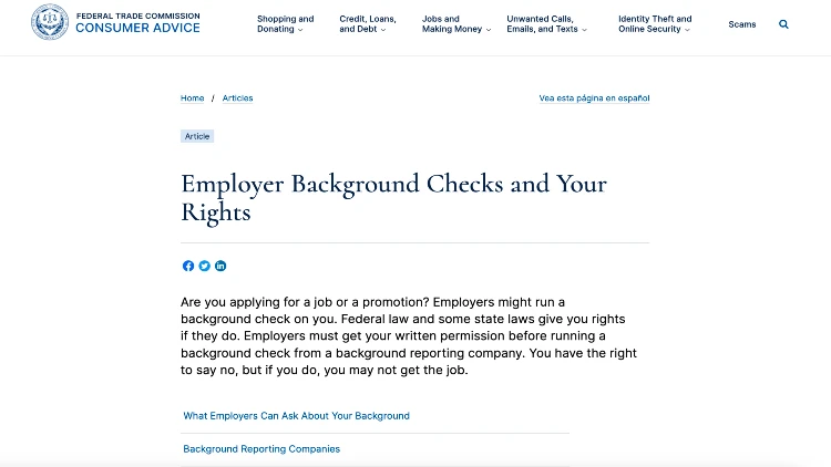 Image screenshot of the employer background checks and your rights on the federal trade commission website