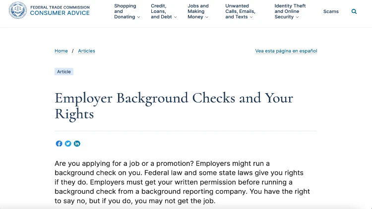 Image screenshot of the article employer background checks and your rights.