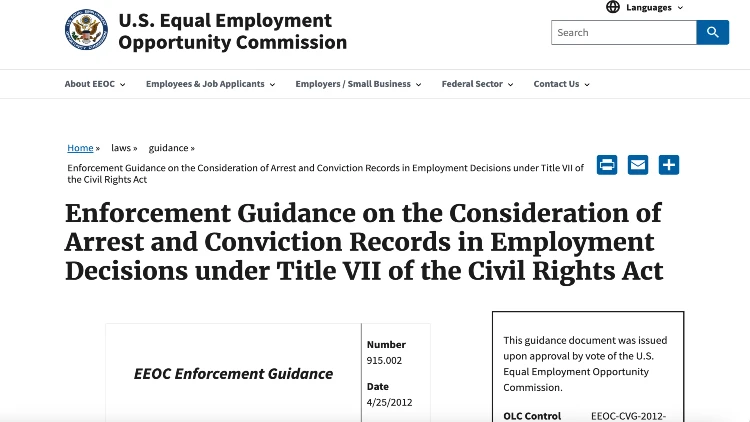 Image screenshot on enforcement guidance on the consideration of arrest and conviction records in employment decisions under Title VII of the civil rights act