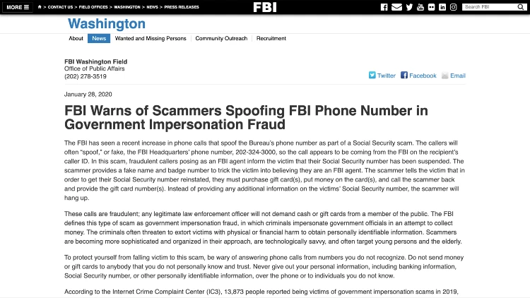 Image screenshot of FBI article titled FBI Warns Scammers Spoofing FBI Phone Number in Government Impersonation Fraud.