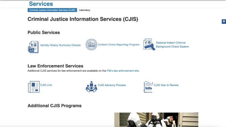 Image screenshot of the different criminal justice information services.
