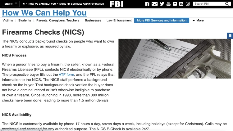 Image screenshot of Firearms Checks (NICS) on FBI website