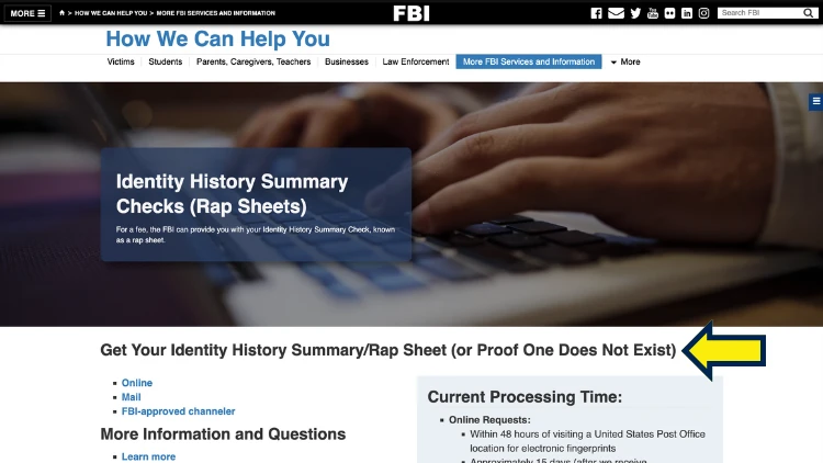 Image screenshot of FBI website on Identity History Summary Checks