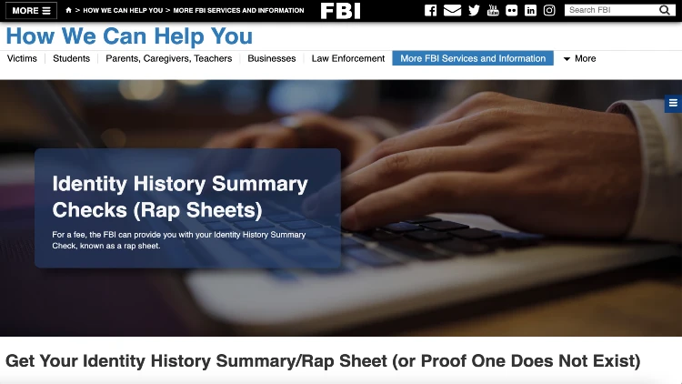Image screenshot of identity history summary checks on FBI website.