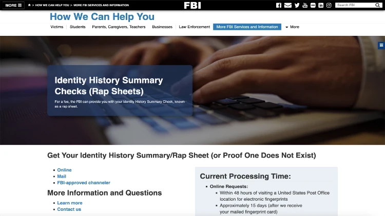 Image screenshot of the FBI identity history summary