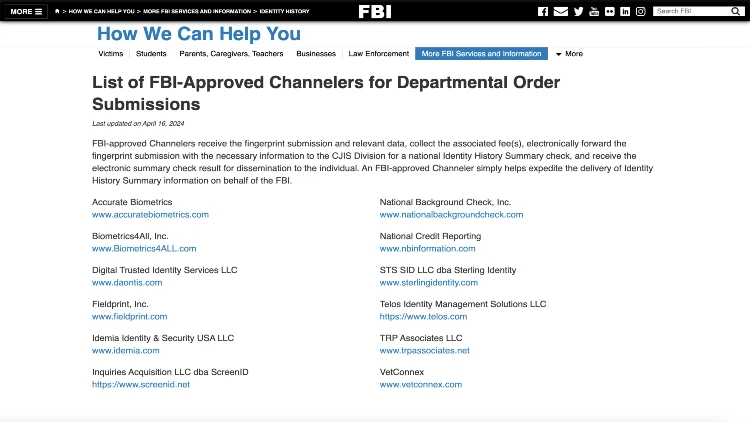 Image screenshot of the list of FBI-approved channelers