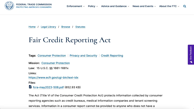 Image screenshot of the Fair Credit Reporting Act.