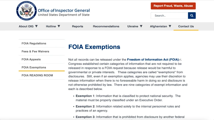 Image screenshot showing the FOIA exemptions